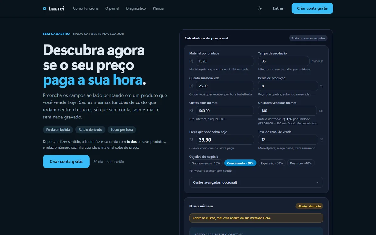 Lucrei public calculator, with cost fields filled in and the suggested price alongside